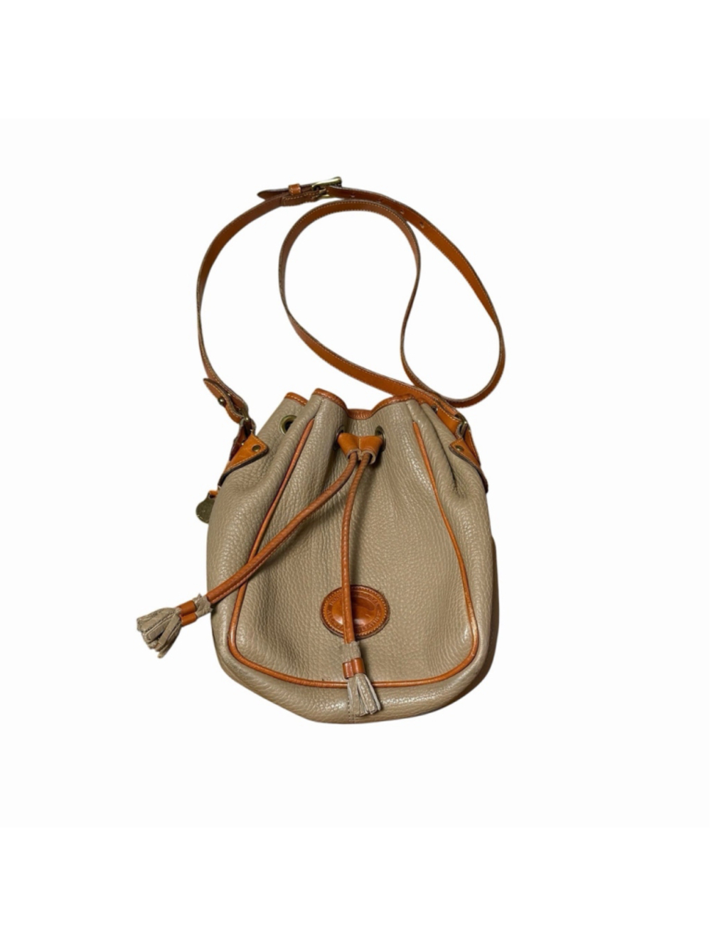Vintage Dooney & Bourke Drawstring Bucket Shoulder Bag Purse Tan Brown Boho